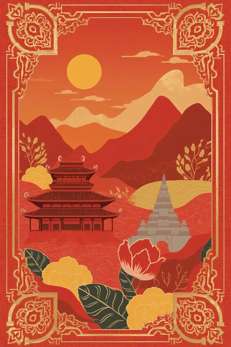 Paesaggio asiatico con tempio e pagoda carta hahnemühle da DesignDoodle