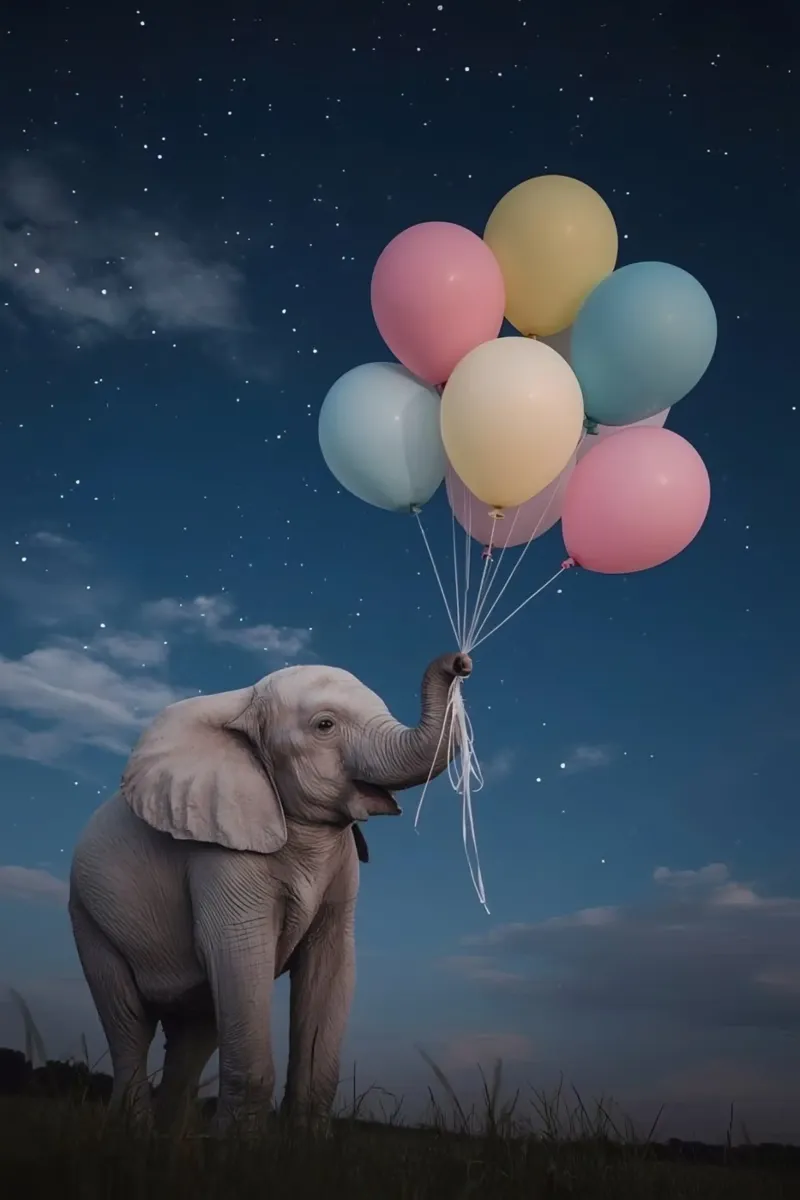 Elefante carino con palloncini in mano di notte pellicola backlit da DesignDoodle