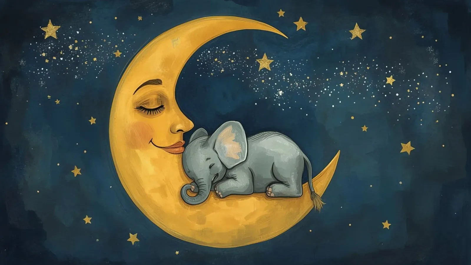 Elephant sleeping on crescent moon with smiling face hahnemühle by DesignDoodle