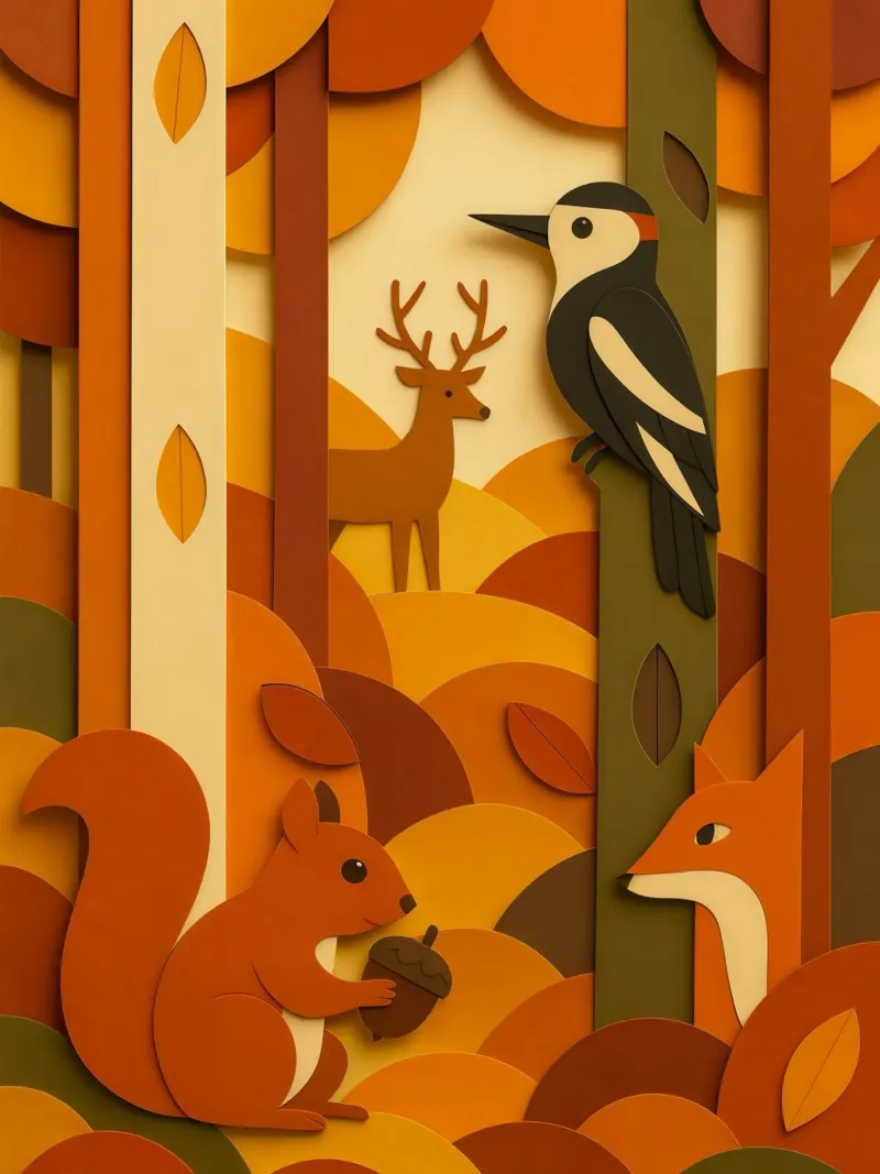 Autunno foresta bosco fauna selvatica stile carta tagliata carta hahnemühle da ARTOMATIC