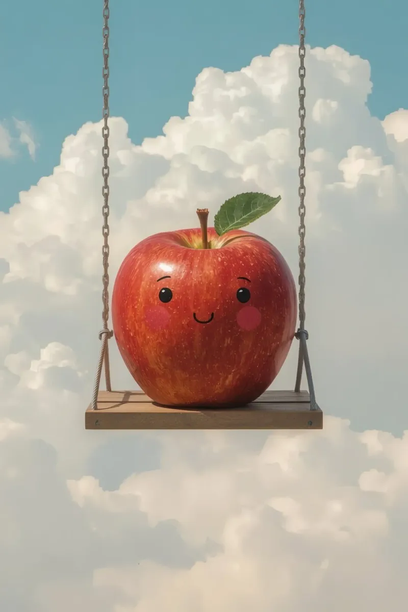 Cute Red Apple on a Swing in the Clouds hahnemühle by DesignDoodle