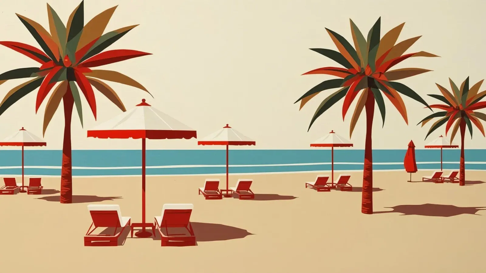 Scena di spiaggia con palme, ombrelloni e sedie a sdraio pellicola backlit da DesignDoodle