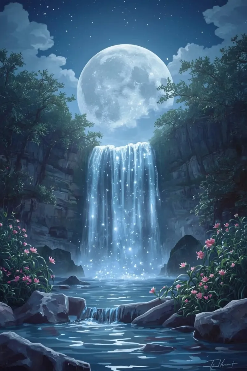 Cascata al chiaro di luna con fiori pellicola backlit da DesignDoodle