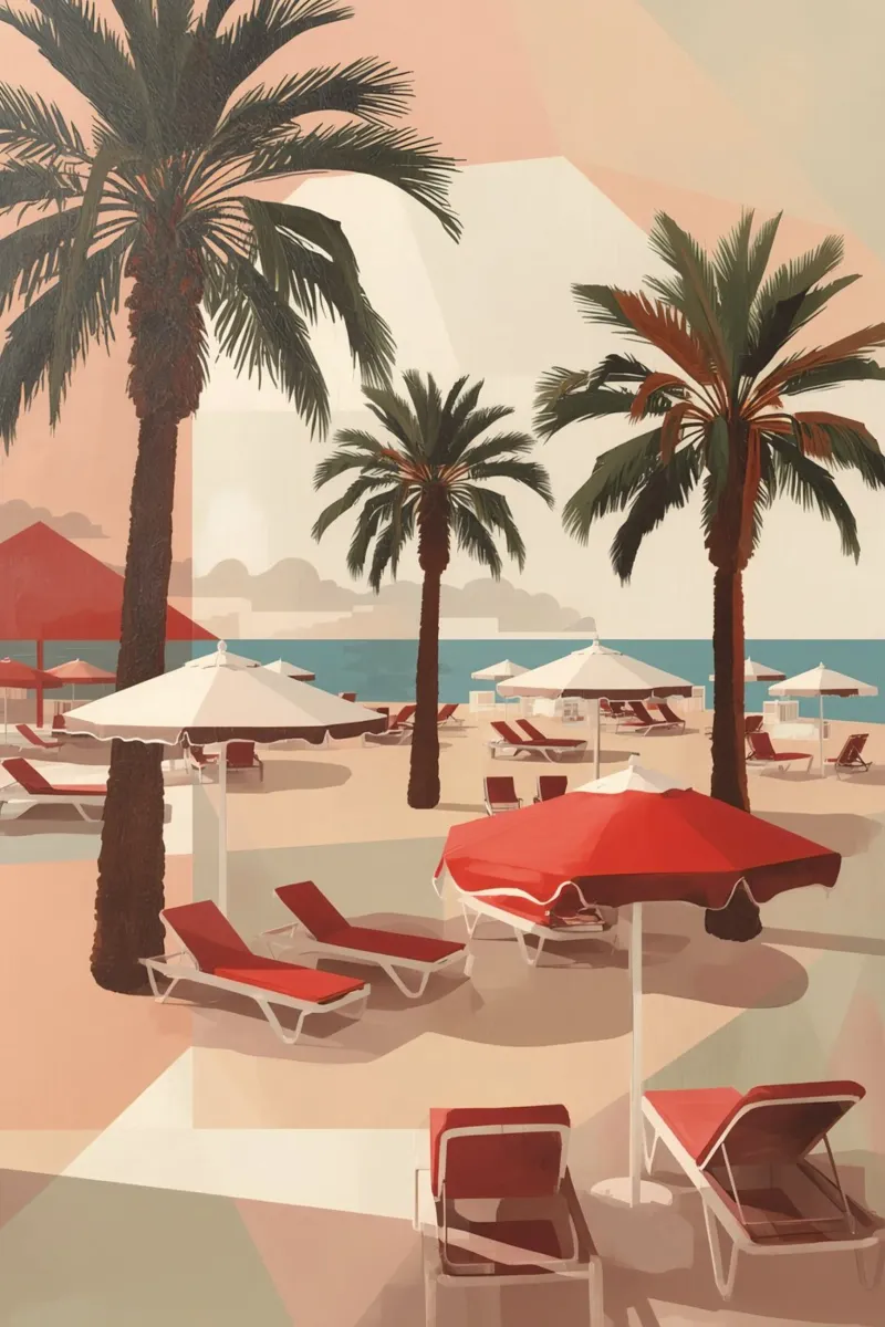 Palm Trees Lounge Chairs and Umbrellas on a Beach canvas by DesignDoodle