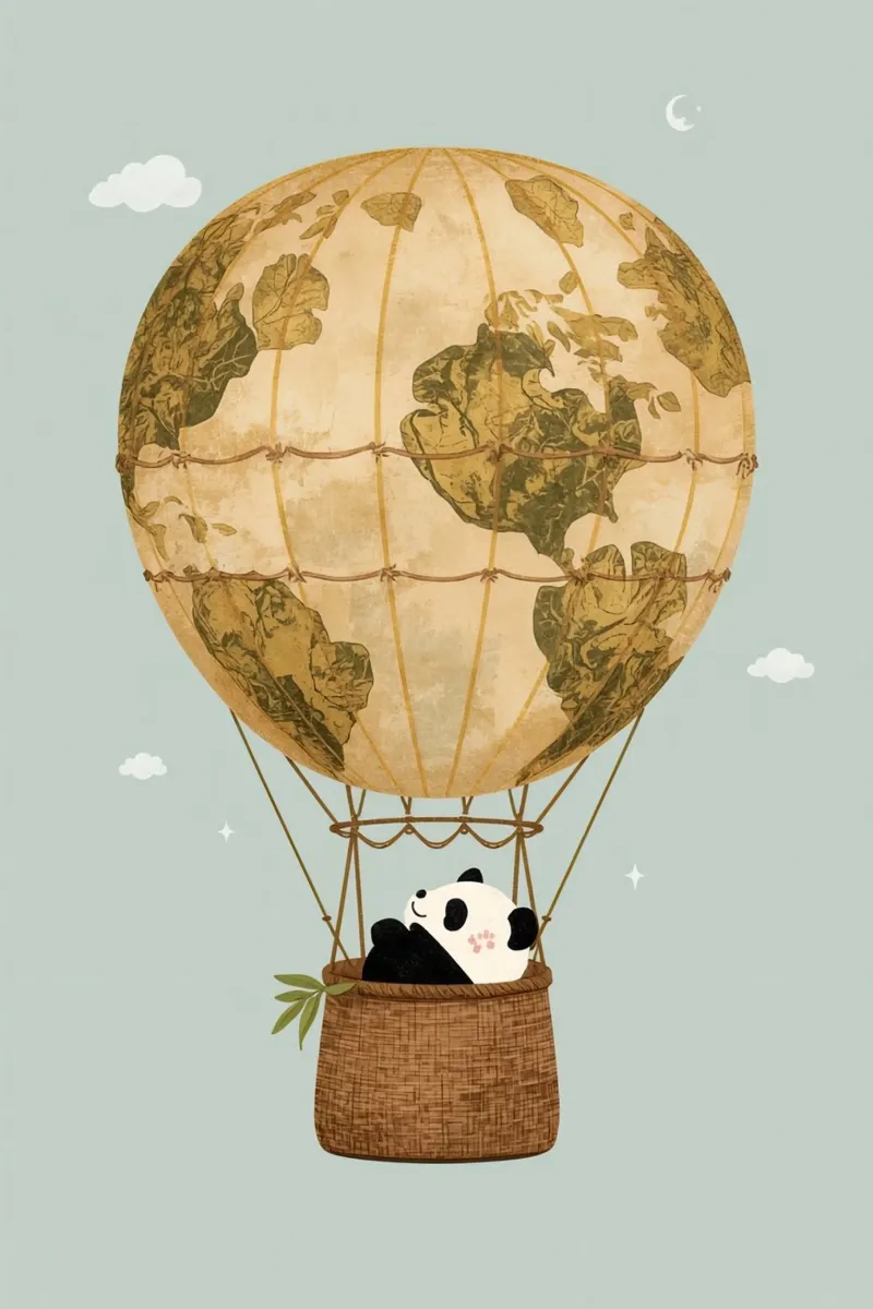 Panda carino in mongolfiera Globe carta hahnemühle da DesignDoodle