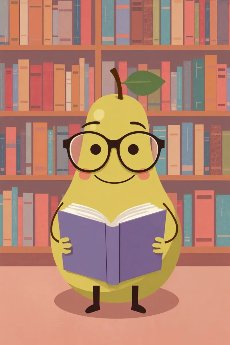Simpatica pera felice che legge un libro con gli occhiali in biblioteca pellicola backlit da DesignDoodle