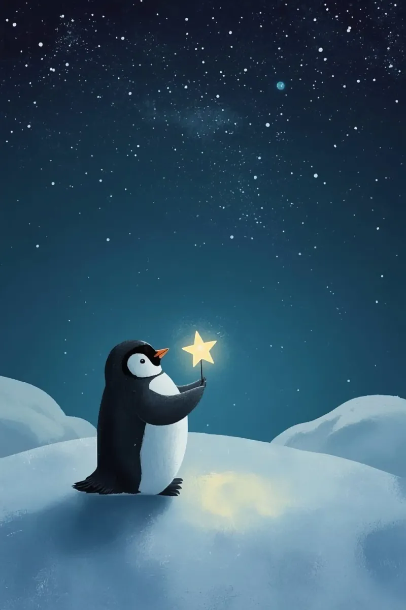 Pinguino con stella su collina innevata di notte carta hahnemühle da DesignDoodle