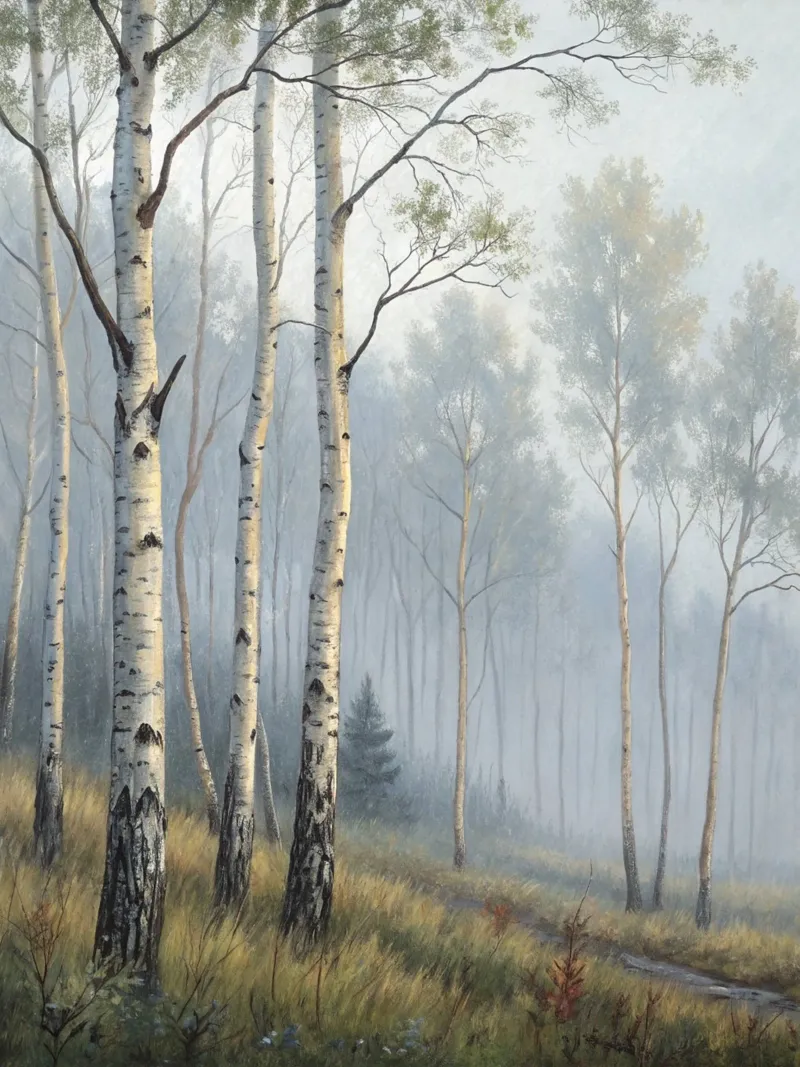 Sentiero attraverso una nebbiosa foresta di betulle e di aspri alluminio dibond da Artistic-shop