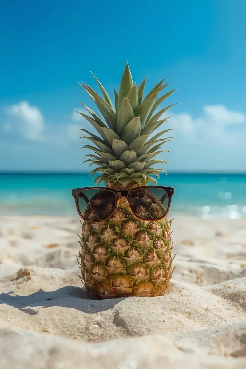 Ananas cool con occhiali da sole sulla spiaggia sabbiosa plexiglass da DesignDoodle