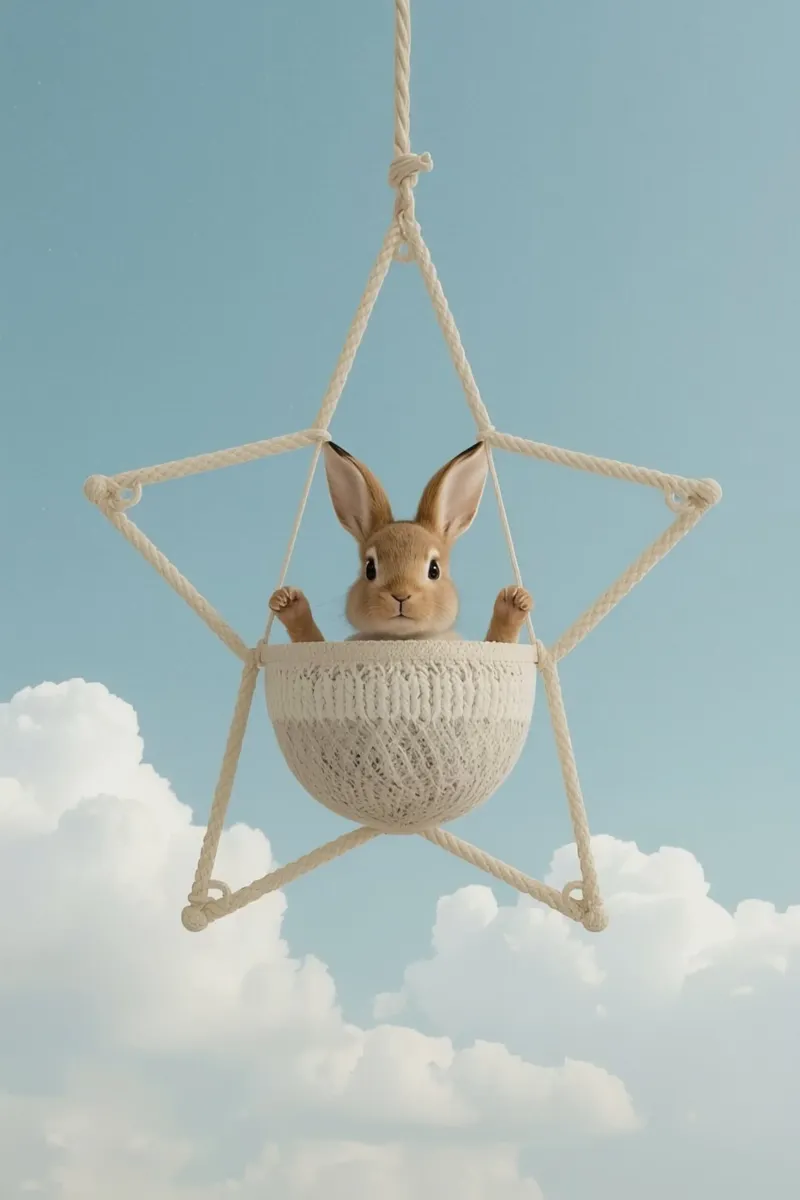 Funny Cute Rabbit in a Star-Shaped Rope Swing (lapin mignon dans une balançoire en corde en forme d'étoile) alu dibond de DesignDoodle