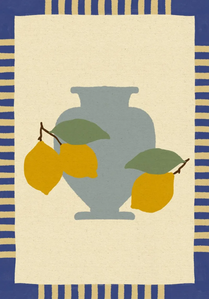 Still Life with Vase and Lemons I - Colorful Edition tela da Shatha Al Dafai