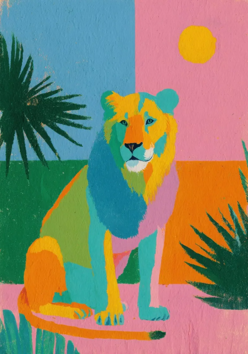 Leone in colori pastello su uno sfondo tropicale alluminio dibond da Nikis Art Studio