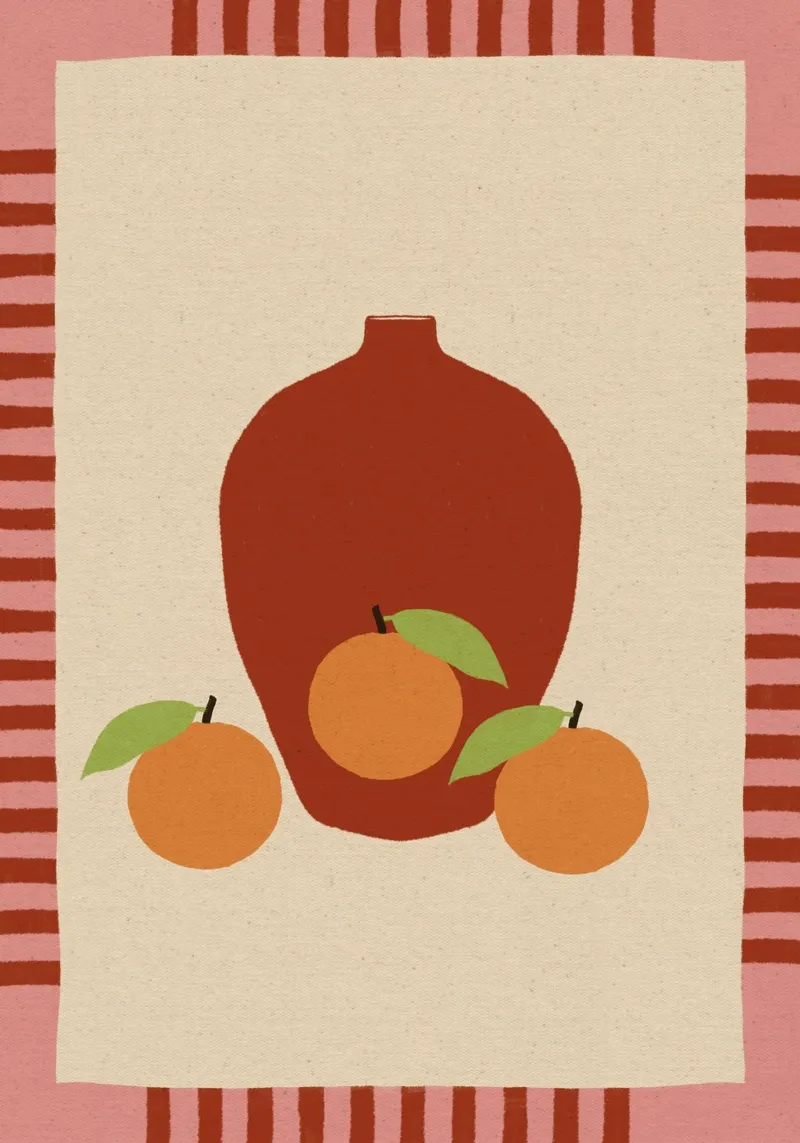 Still Life with Vase and Oranges II - Colorful Edition tela da Shatha Al Dafai
