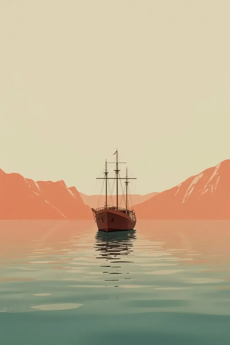 Nave a vela sull'acqua con montagne e cielo pellicola backlit da DesignDoodle