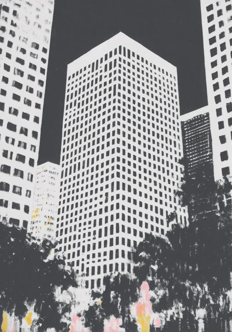 Risograph cityscape with skyscraper & trees canvas by Nikis Art Studio