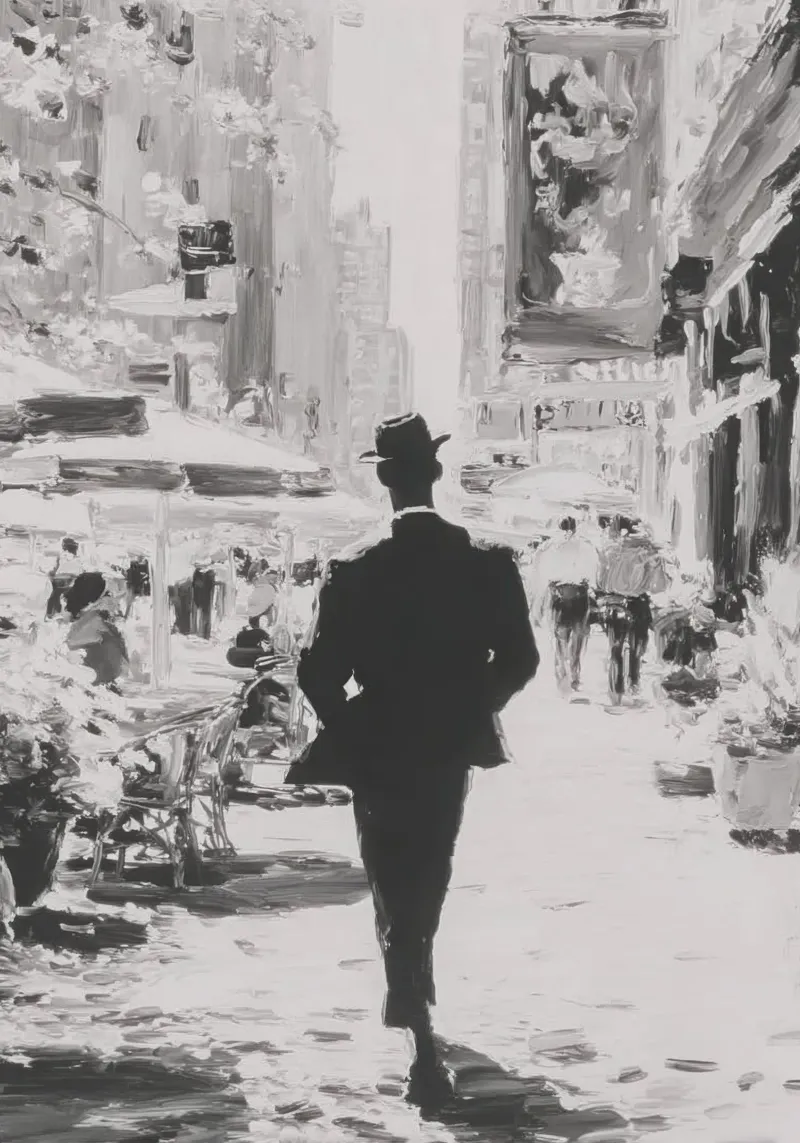Uomo in abito nero in una strada trafficata alluminio dibond da Nikis Art Studio