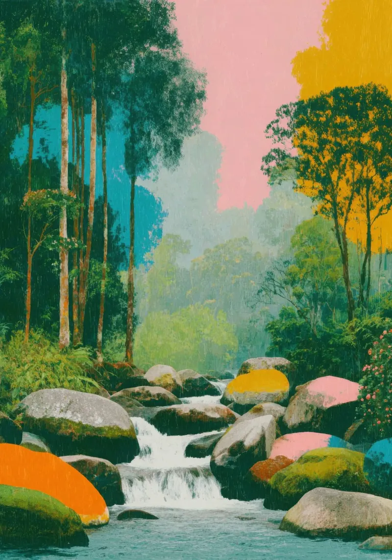 Fiume nella foresta in colori retrò alluminio dibond da Nikis Art Studio