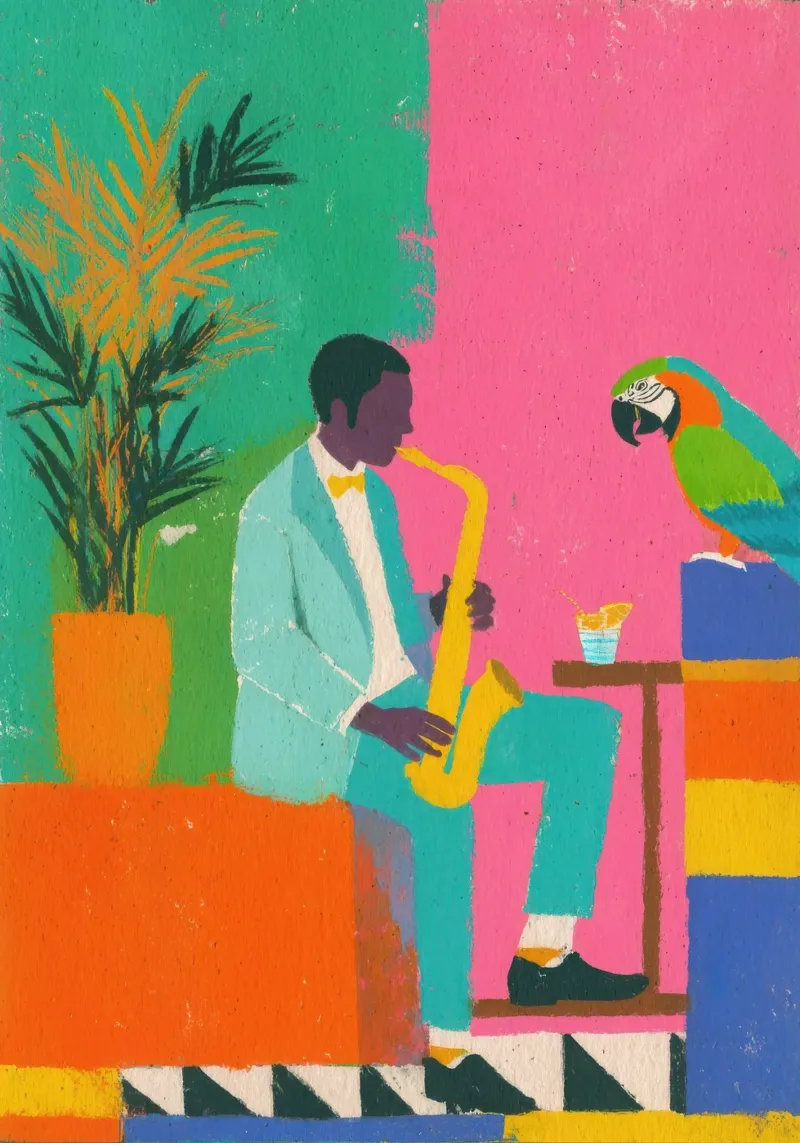 Man plays saxophone with parrot canvas by Nikis Art Studio