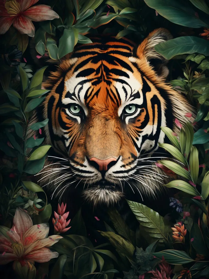 Tiger Blumen Blätter Poster mit Kunststoffrahmen von Mateo