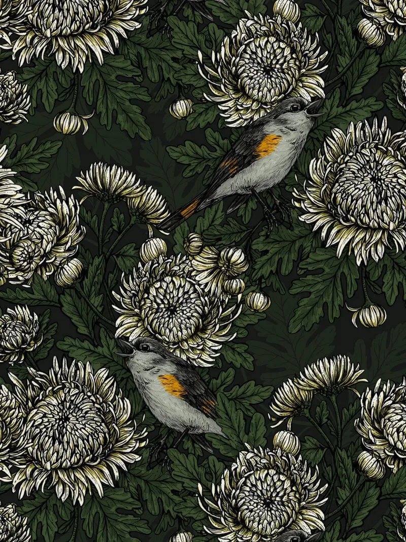 I codirossi nei crisantemi verdi e bianchi alluminio dibond da Painted Nature