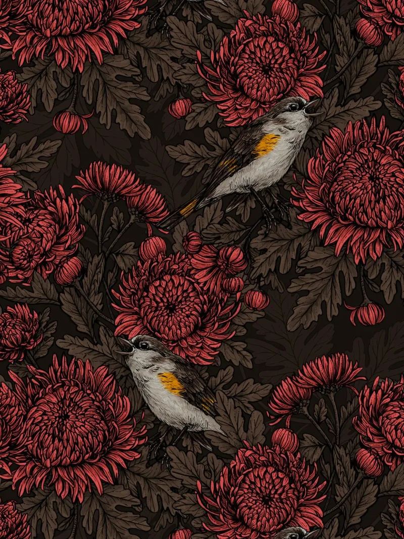 I codirossi nei crisantemi in marrone e rosso carta hahnemühle da Painted Nature