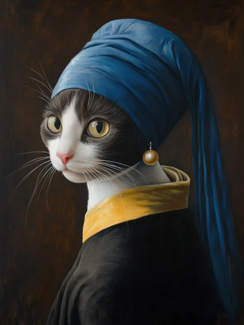 Gatto con l'orecchino di perla poster con telaio in alluminio da Art Center