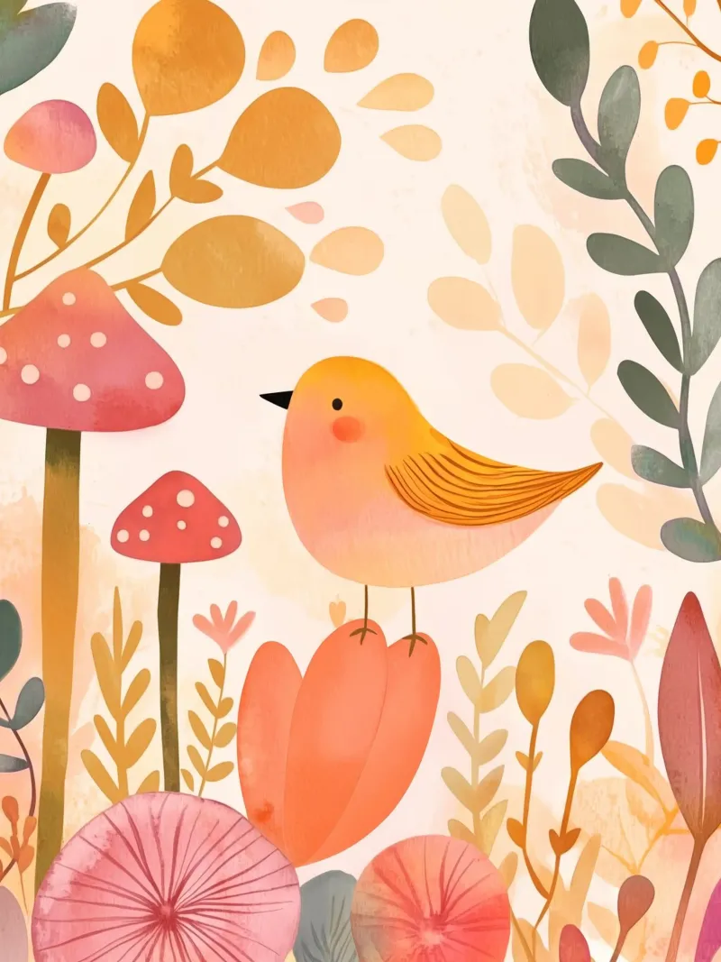 Oiseau jaune fantaisiste dans un jardin de fleurs de champignons Boho hahnemühle de Gentle Echoes Art