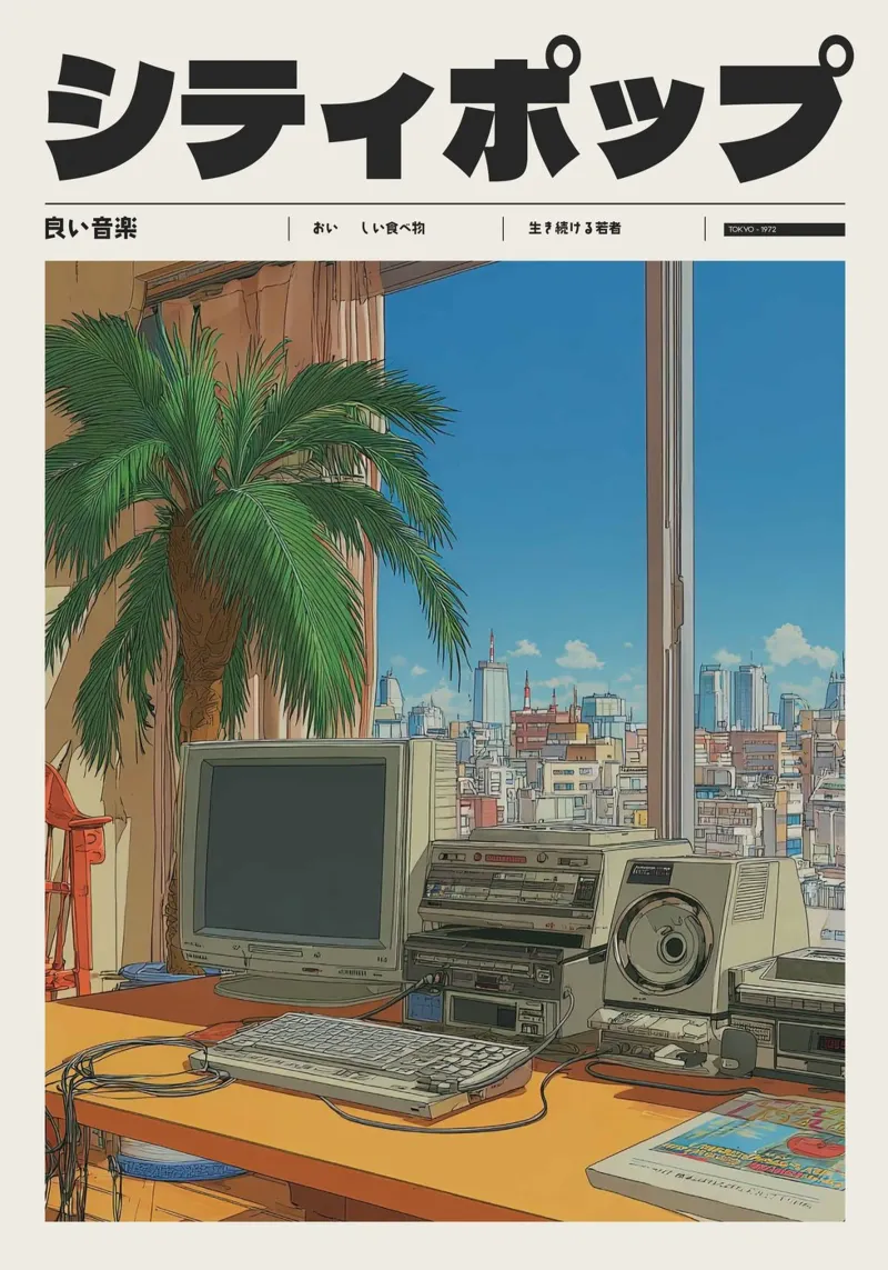 Retro Japanese City Pop Desk View 80s Tech alluminio dibond da Bakara