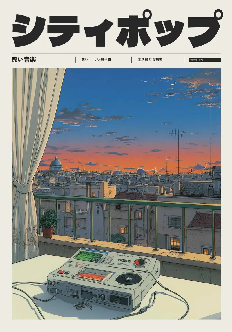 Città Pop Tramonto Vista Balcone Estetica Retro Tech alluminio dibond da Bakara