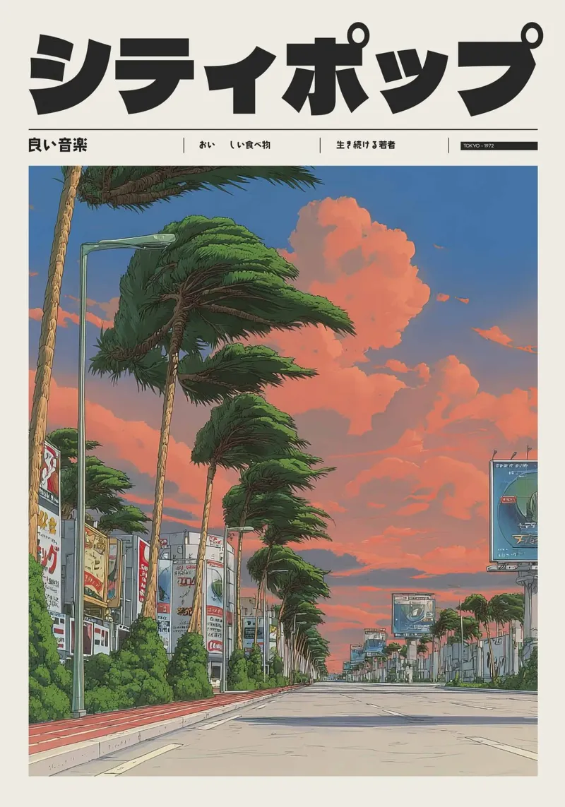Città giapponese retrò Pop Sunset Palm Trees Street alluminio dibond da Bakara