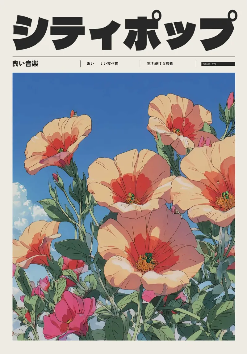 Poster retrò giapponese di città pop floreale in stile Ghibli carta hahnemühle da Bakara