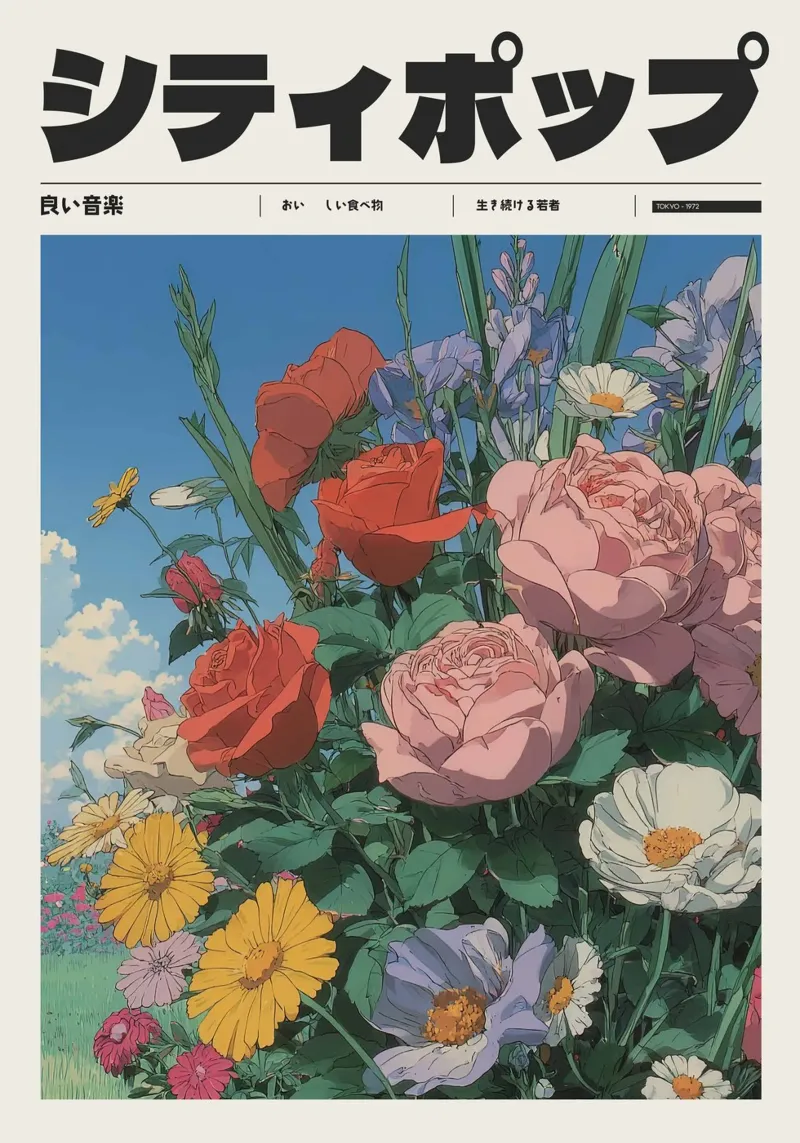Città giapponese retrò pop campo di fiori stile Ghibli carta hahnemühle da Bakara