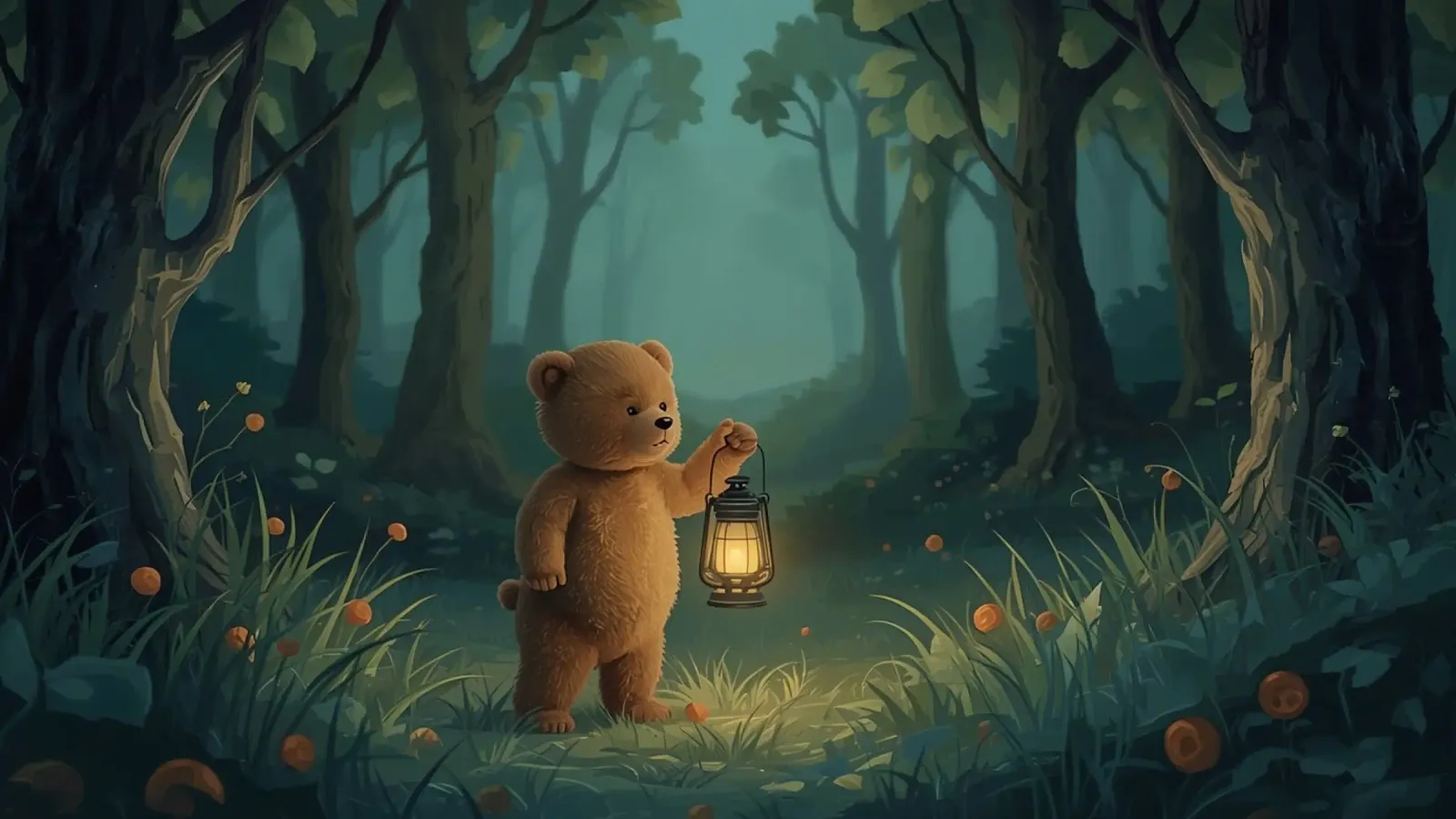 Orsacchiotto smarrito che tiene una lanterna nella foresta pellicola backlit da DesignDoodle