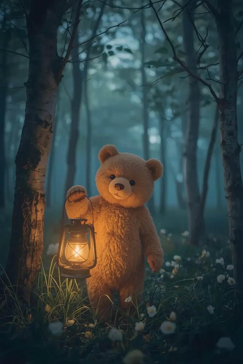 Orsetto curioso con lanterna nella foresta pellicola backlit da DesignDoodle