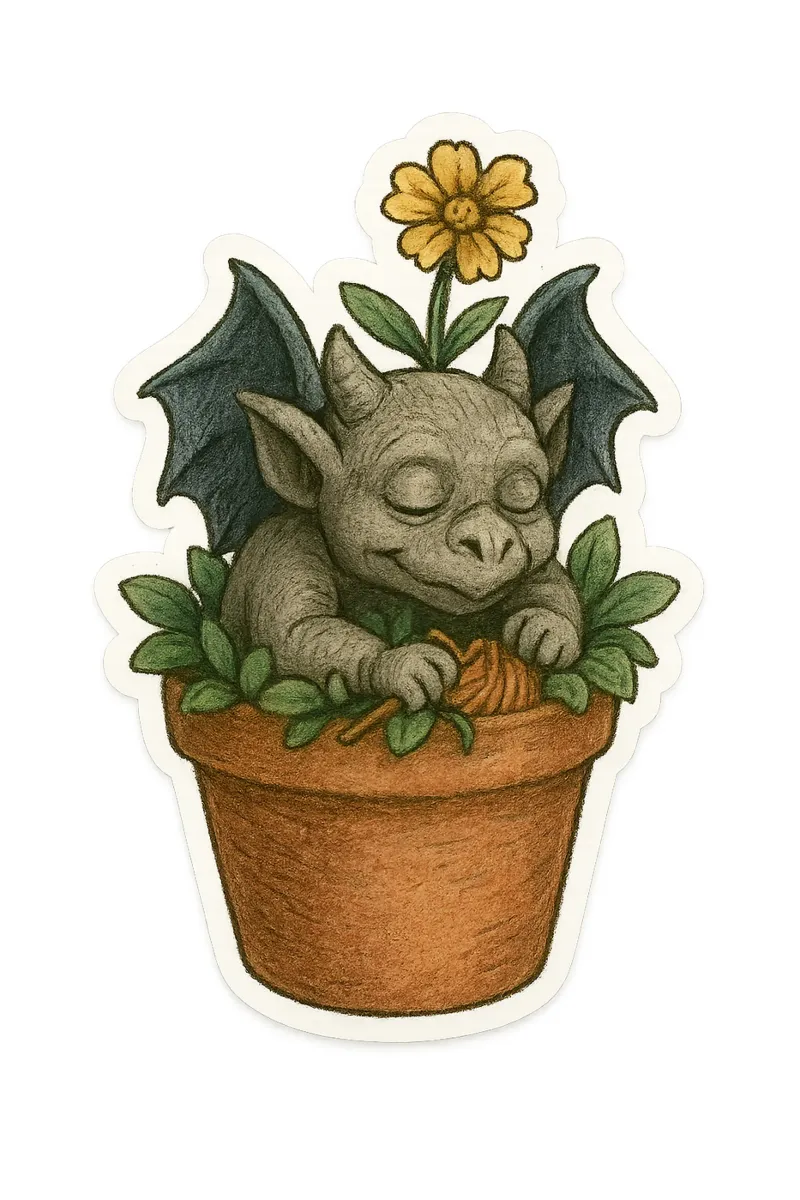 Baby Gargoyle che dorme in un vaso di fiori alluminio dibond da Taika Tori Art