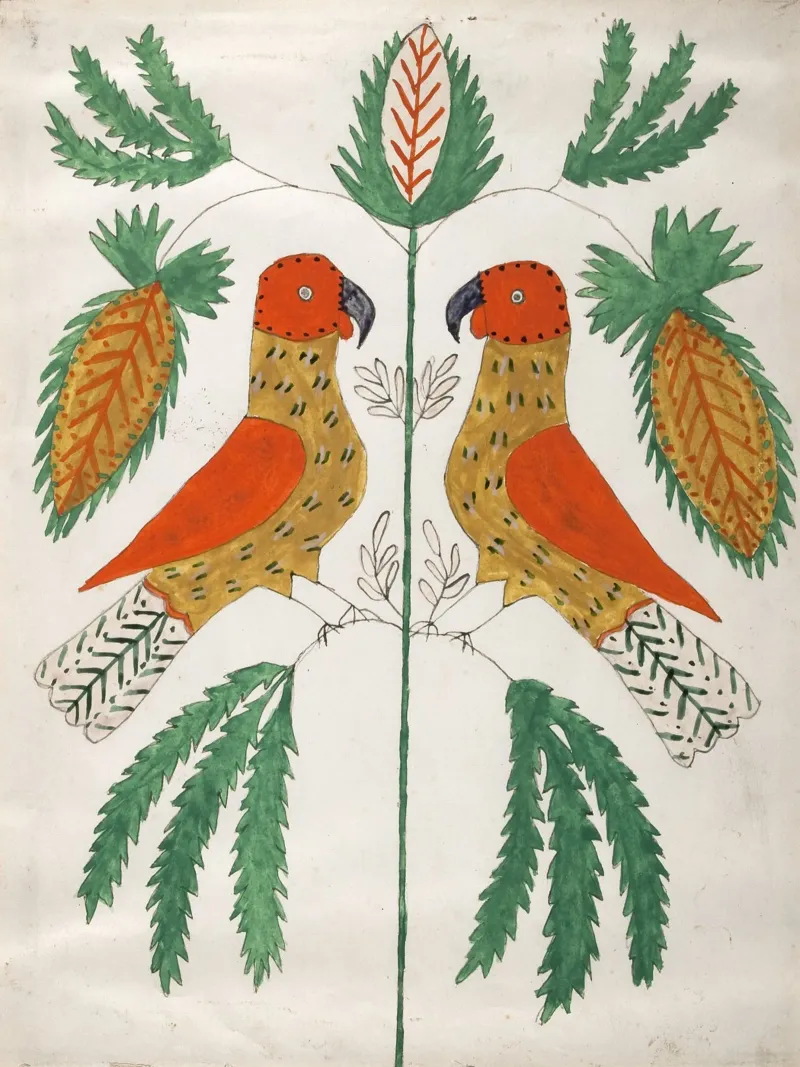 Two Red and Yellow Parrots Facing Each Other tela da vintageshop