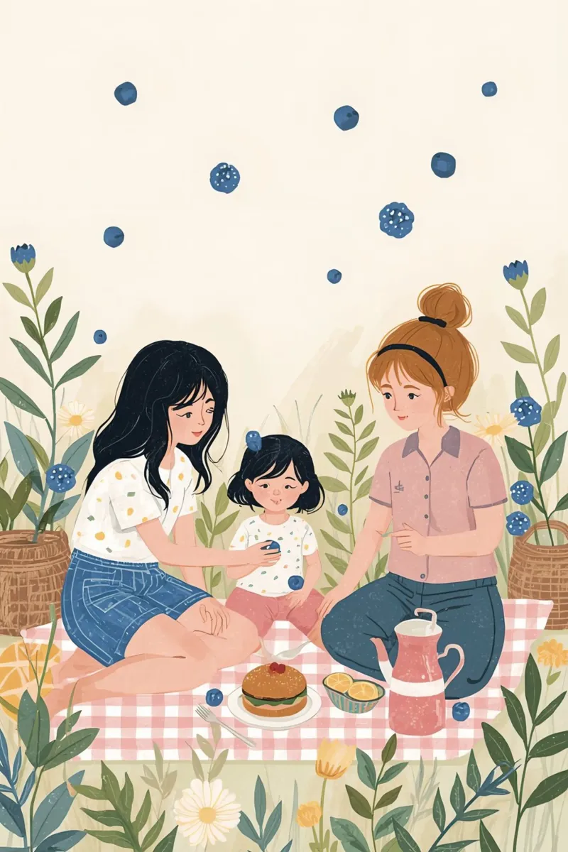 Una famiglia che si gode un picnic con cibo e fiori pellicola backlit da DesignDoodle