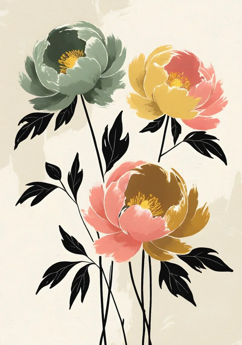 Pittura digitale minimalista di fiori di peonia alluminio dibond da Bloom And Brush
