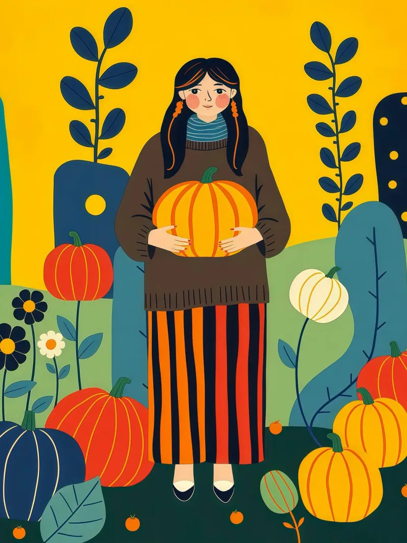 Donna che raccoglie una zucca in un campo di zucche carta hahnemühle da ARTOMATIC
