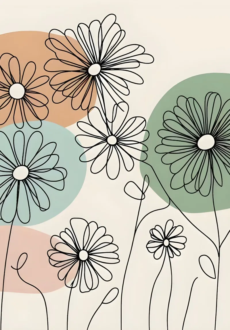 Line art minimalista di fiori di margherita alluminio dibond da Bloom And Brush
