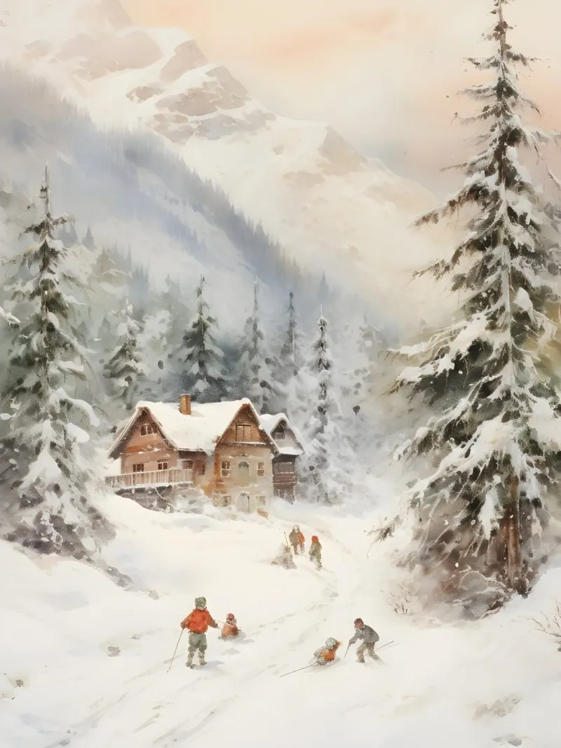 Rifugio invernale con sciatori poster da Studio Vibe