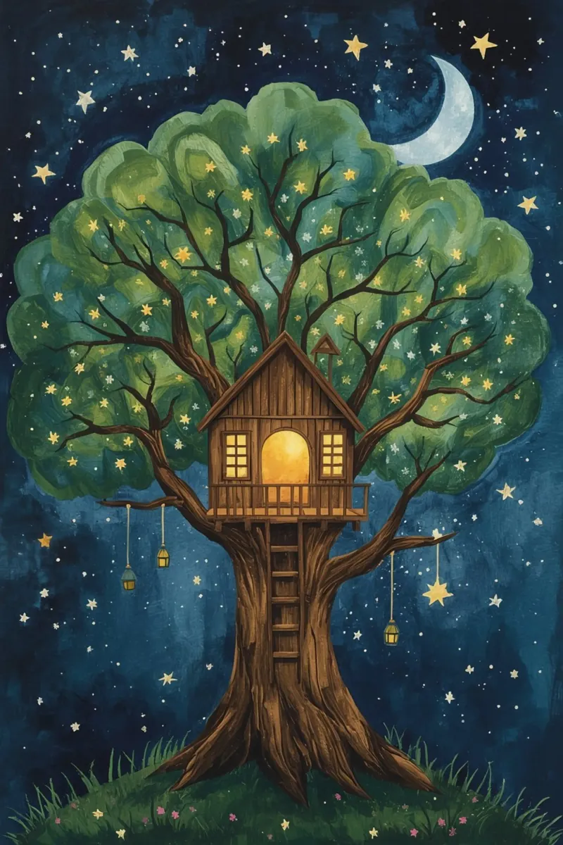 Treehouse in Starry Night Sky canvas by DesignDoodle