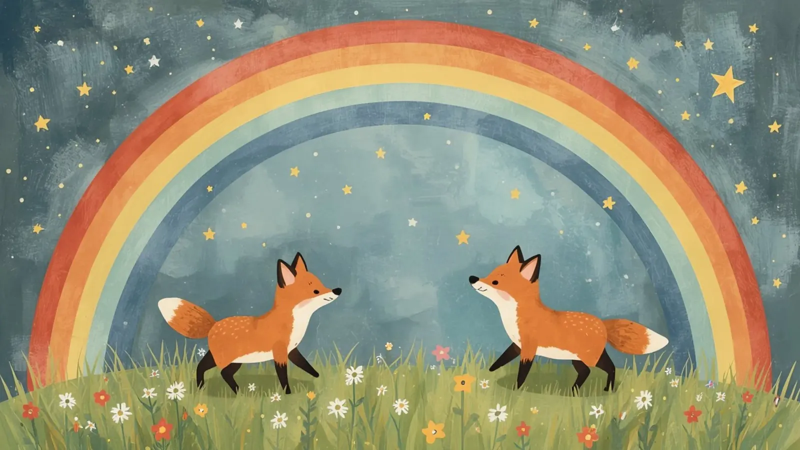 Due volpi felici e carine sotto l'arcobaleno e le stelle pellicola backlit da DesignDoodle