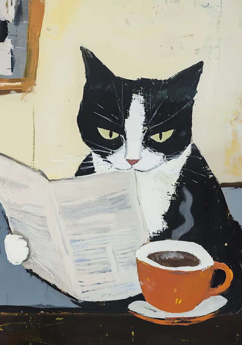 Cat Coffee Newspaper Reading Painting Painting Cafe Vintage hahnemühle by Euphoria Theresa