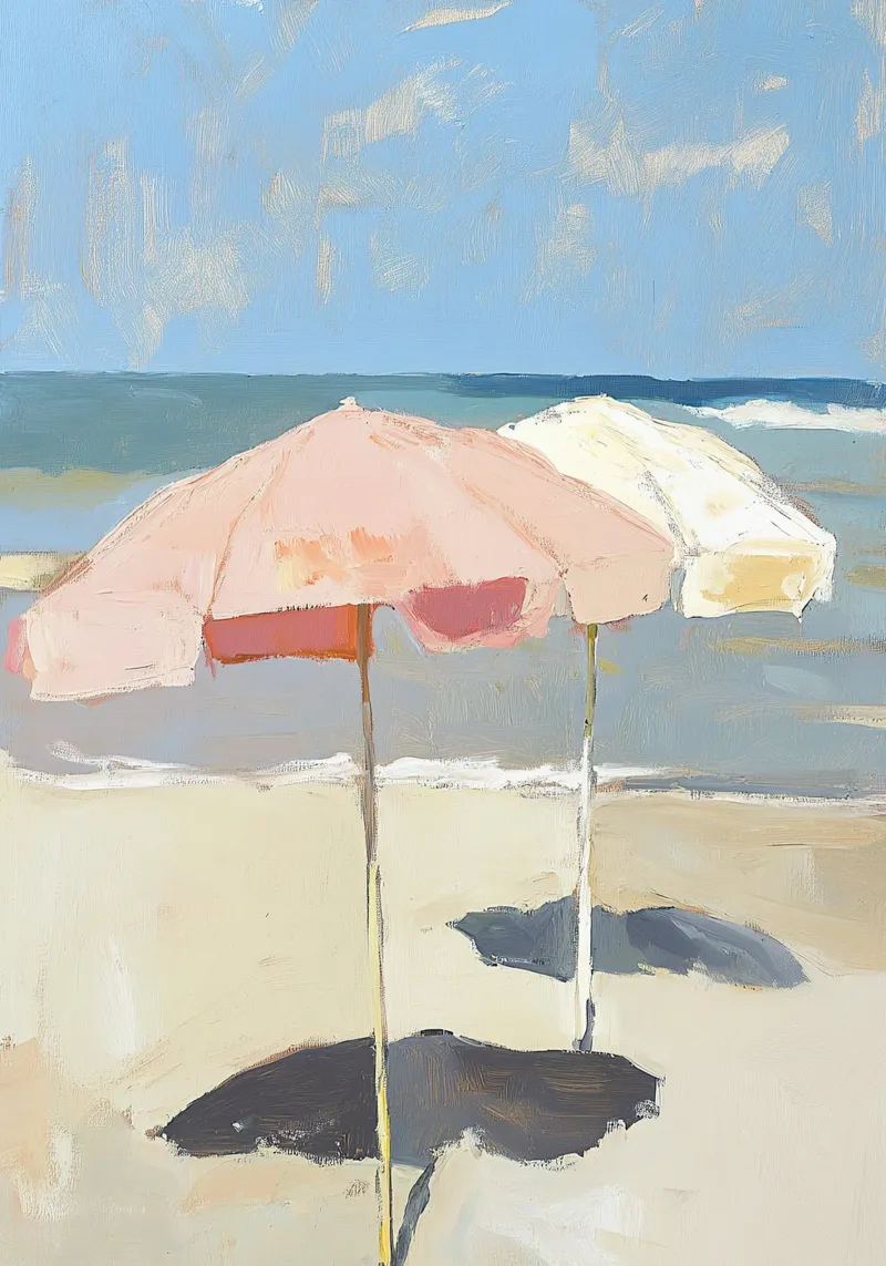 Strand Meer Impressionismus Sonnenschirm Sommer Poster mit Aluminium Rahmen von Euphoria Theresa