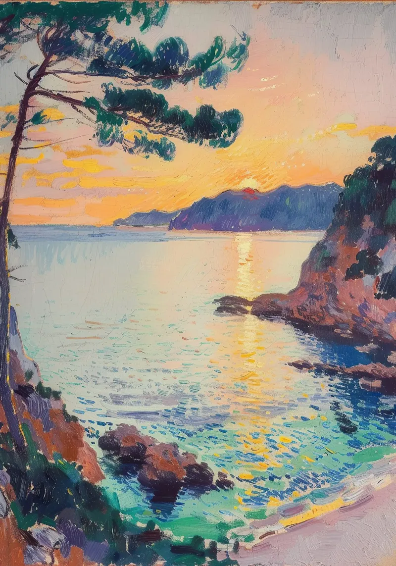 zee strand Côte d'Azur Frankrijk kust zonsondergang canvas van Euphoria Theresa