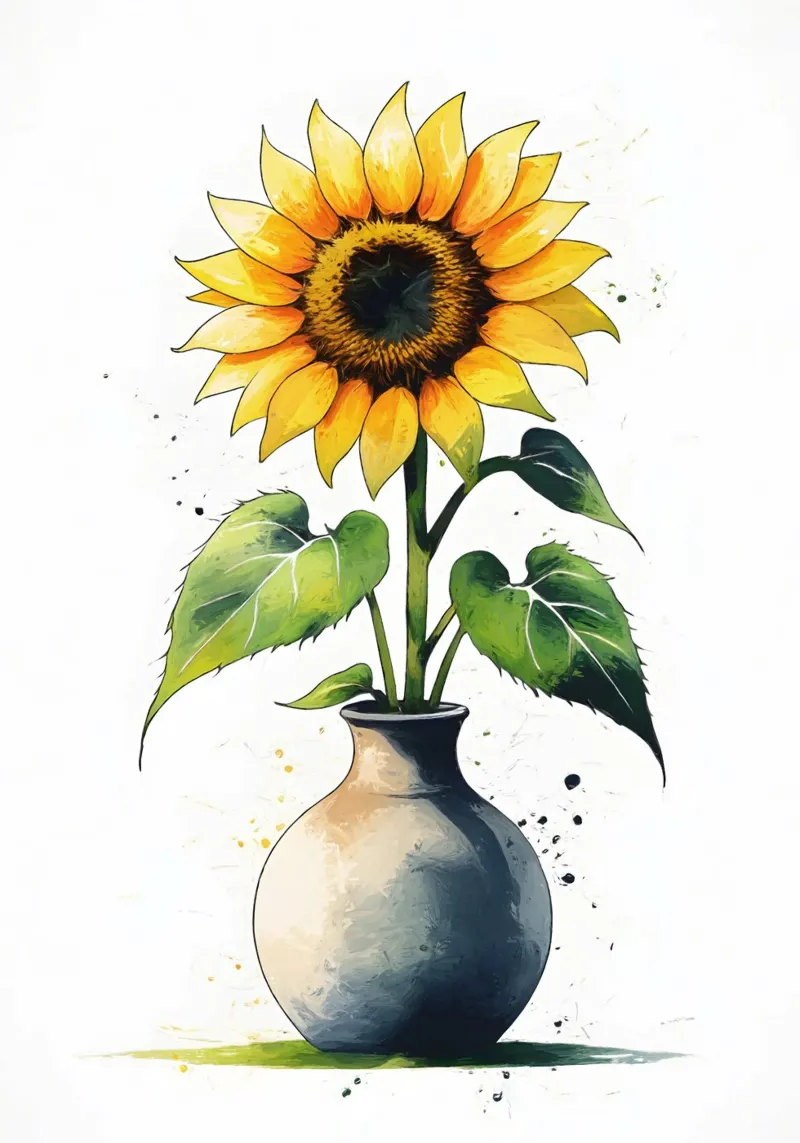Pittura digitale minimalista di un girasole in un vaso alluminio dibond da Bloom And Brush