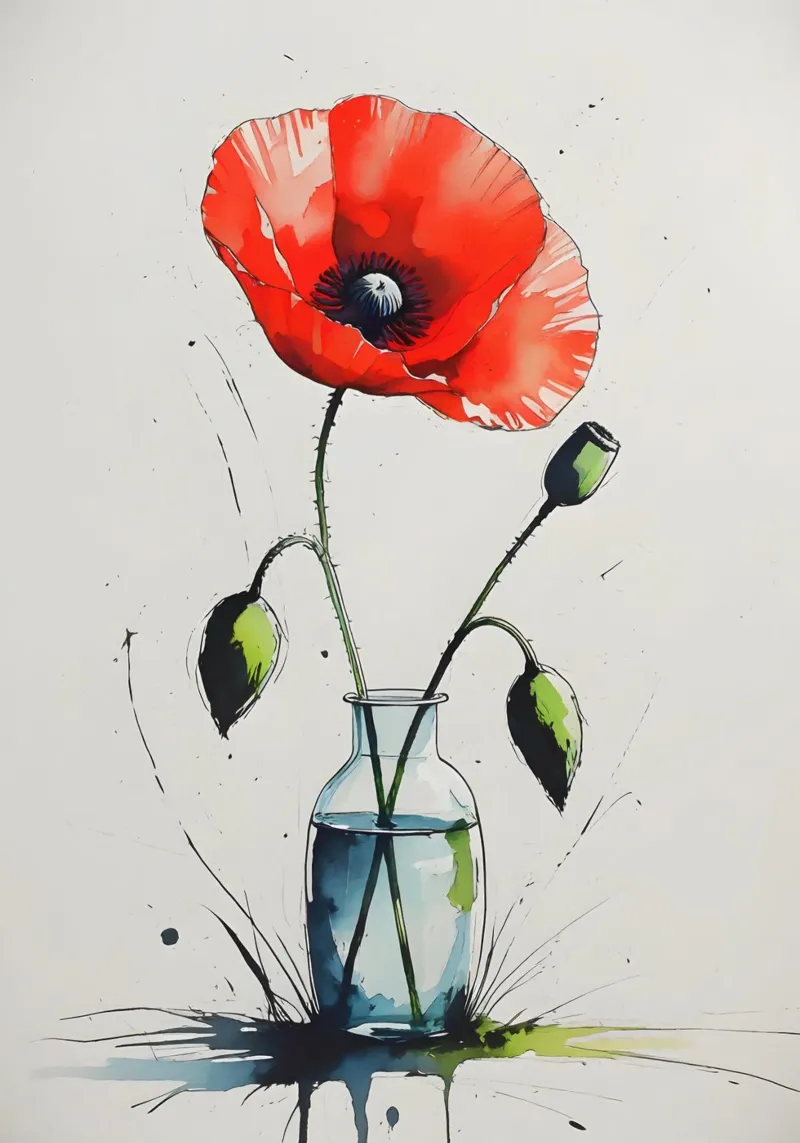 Pittura digitale minimalista di papavero rosso in un vaso carta hahnemühle da Bloom And Brush
