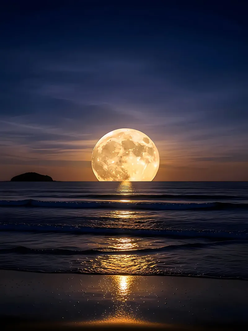 Luna piena sull'oceano di notte pellicola backlit da ShopByHaru