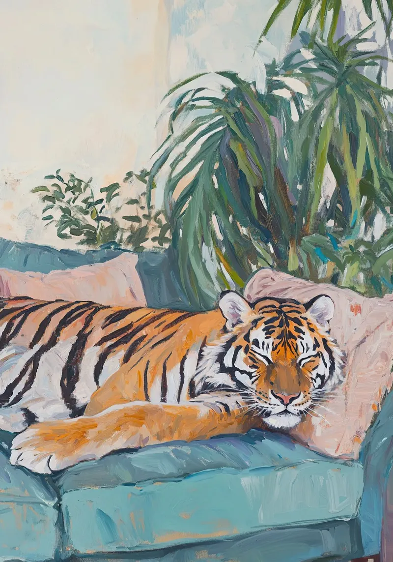 Tiger Botanisch Pflanzen Sofa Pastell Öl Gemälde Hahnemühle von Euphoria Theresa